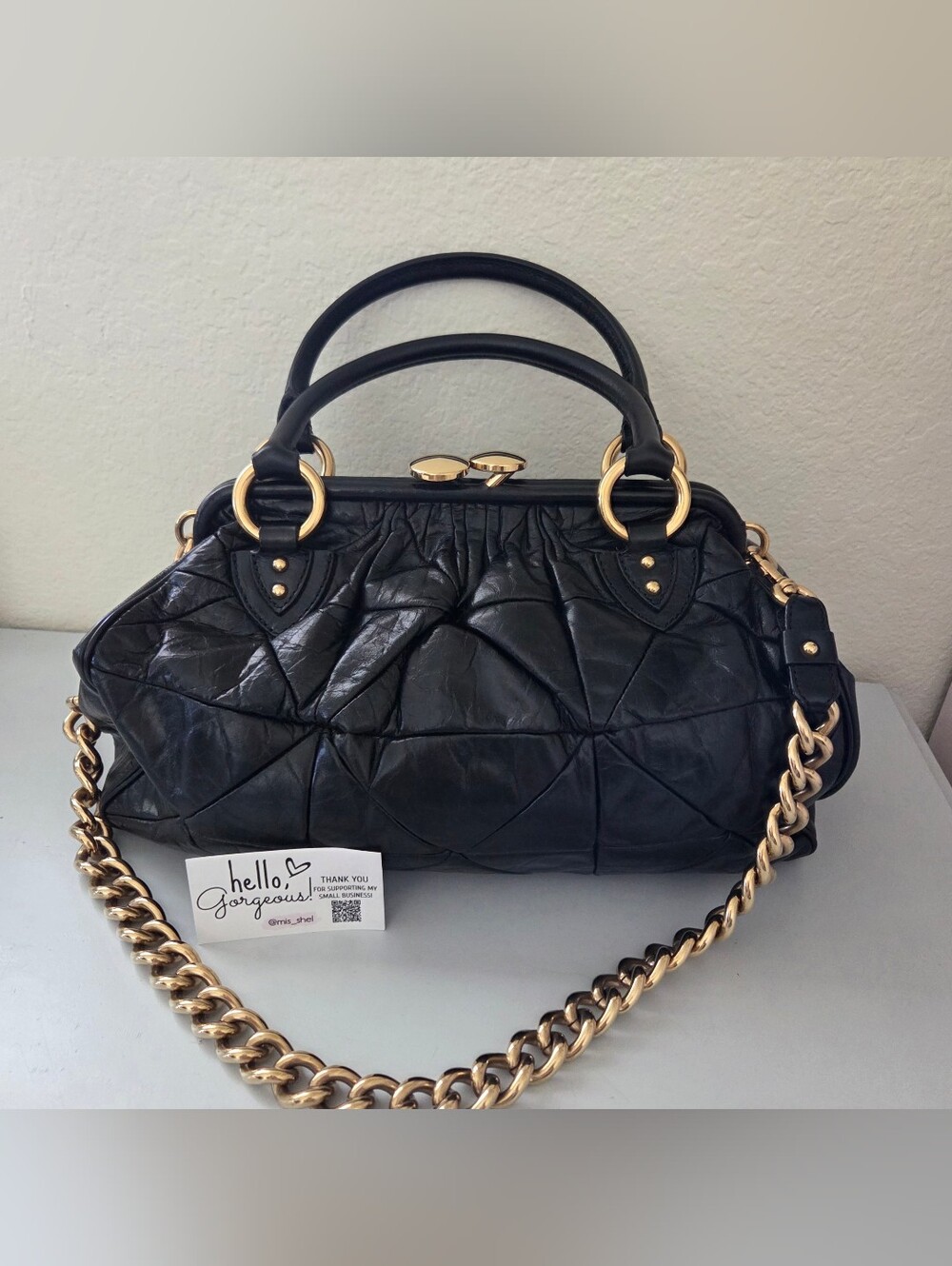 Black Quilted Leather Satchel with Gold Chain